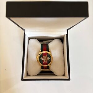 Gucci Gold Watch with Green and Red Strap